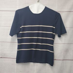 VTG Petite Sophisticate Silk Blend Short Sleeve Blouse Top Large Blue Striped